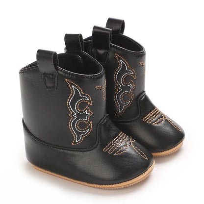 Leather Western Boots Cowboy Bootie Soft Sole Non-Slip Crib Shoes for Baby Infant Toddler Girls Boys Newborn