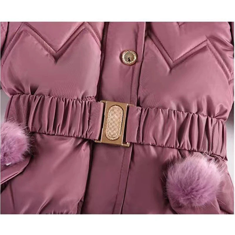 Long Teen Girls Jacket Winter Solid Color Peach Heart Print Plus Velvet Hooded Coat For 4-10Y Kids Thick Down Cotton Snowsuit