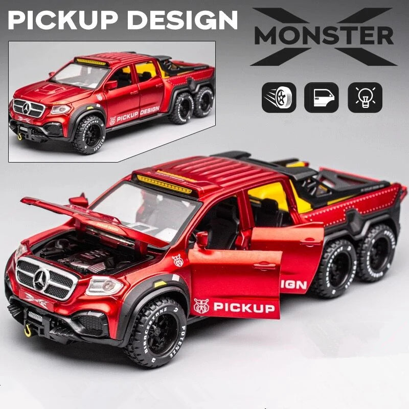 1/28 X-class 6X6 Tyre Pickup Metal Diecast Alloy Toy Cars Models Trucks For Boys Childrens Kids Off-road Vehicle Collection Gift
