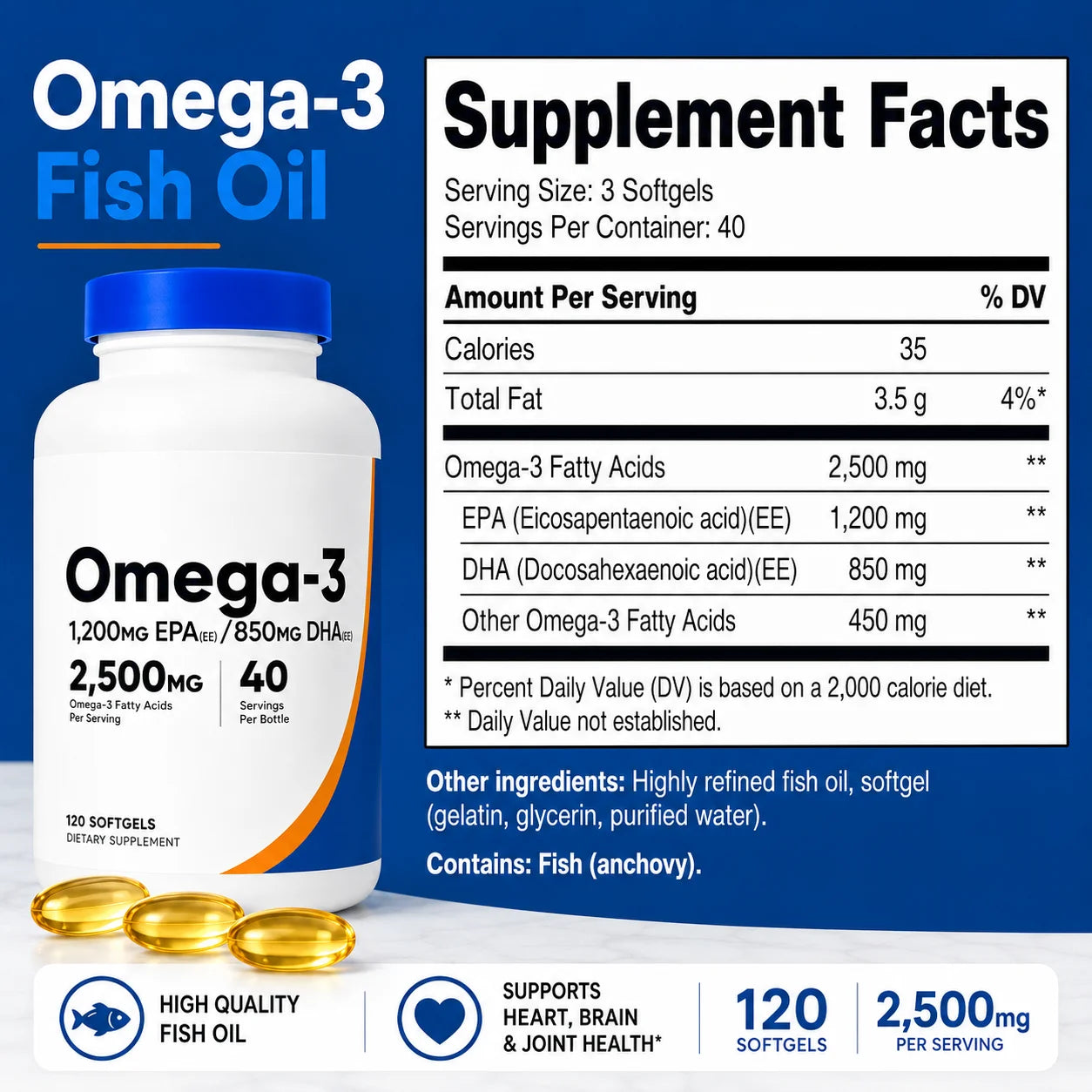 Omega-3 Fish Oil 2500mg Softgels with EPA 1200mg & DHA 850mg, High Potency Daily Wellness Support, Non-GMO, 120 Count