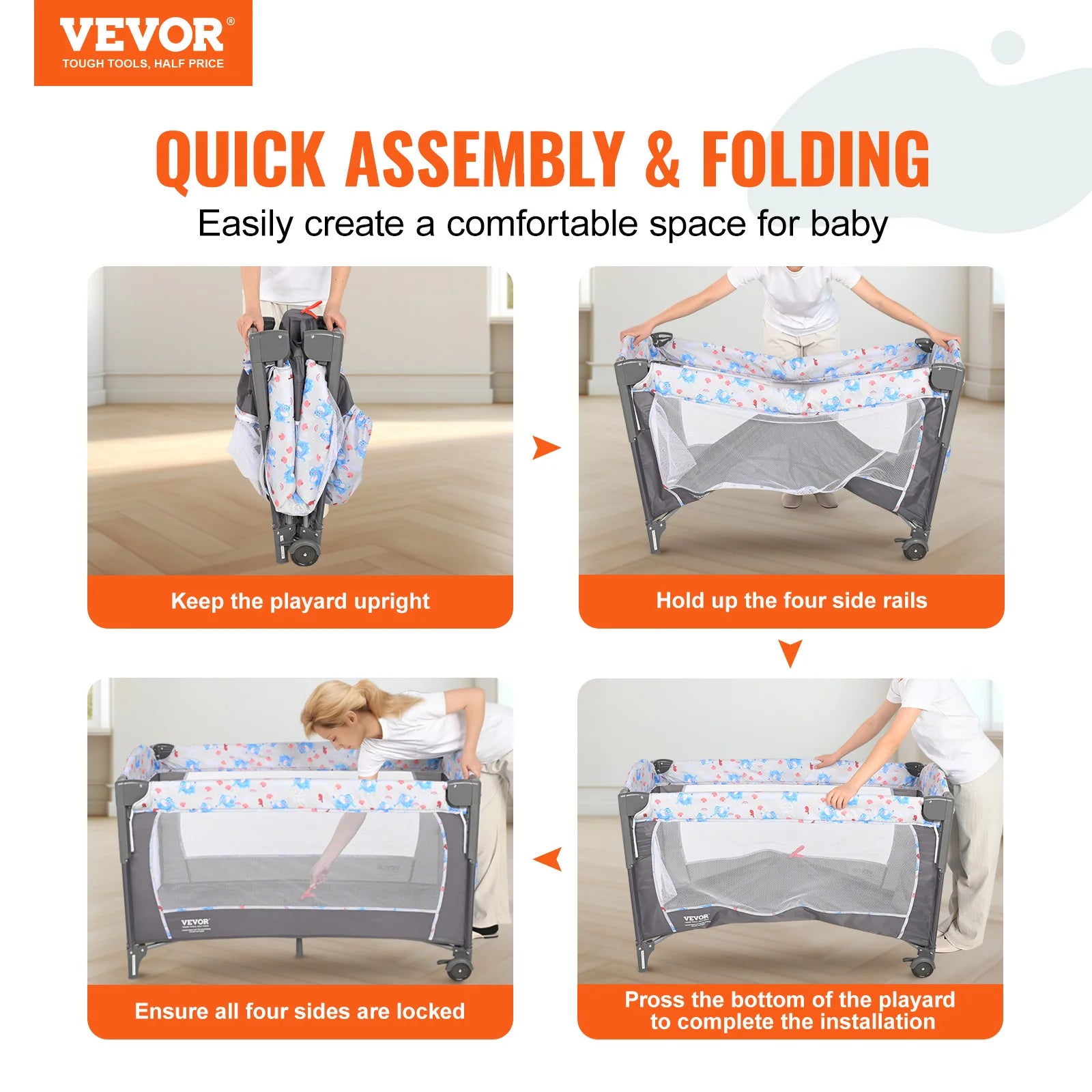 SucceBuy Baby Bassinet 77 pounds Load Capacity Easy to Fold Portable Bassinet Bedside Sleeper with Storage Basket and Wheels - Merit Sell