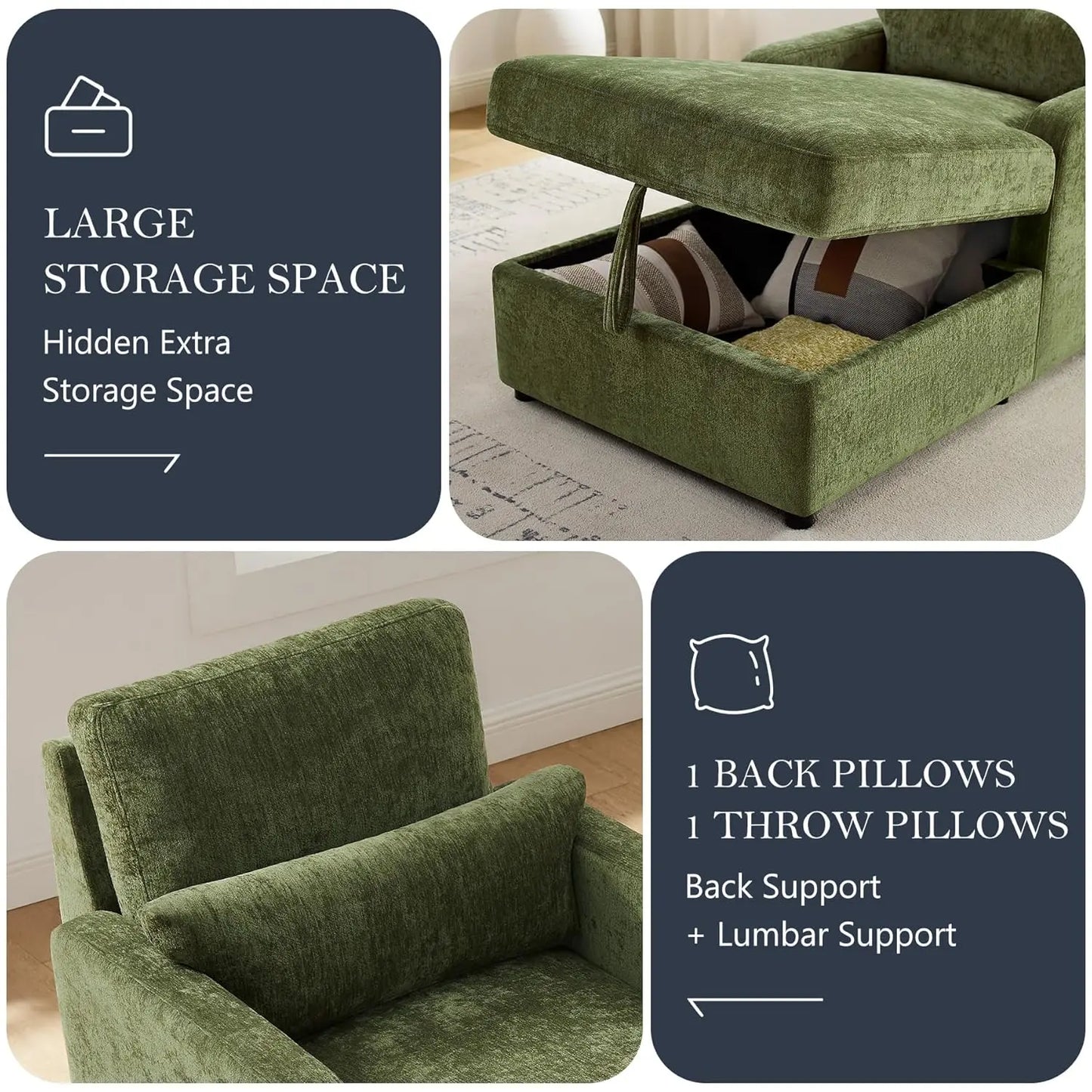 Chaise Lounge Chair Indoor with 2-Position Adjustable Backrest & Storage Space, Chenille Lounge Sofa Chair with 2, Customized