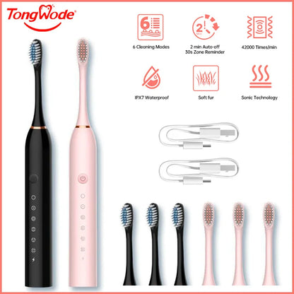 Electric Ultrasonic Toothbrush Six Speed Mode Home Soft Hair USB Charging Waterproof Adult Tooth Cleaner Automatic Couple Set