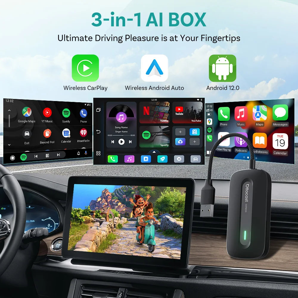 Ottocast New Play2Video Pro Ai Box Wireless CarPlay Android Auto Adapter Built in Youtube Netflix for Car with Wired Carplay
