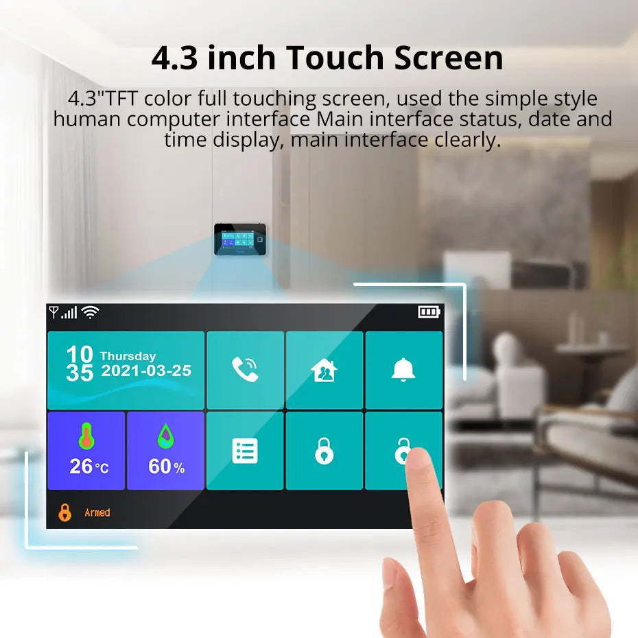 FUERS G60B alarm panel showing temperature and humidity display on 4.3-inch TFT screen