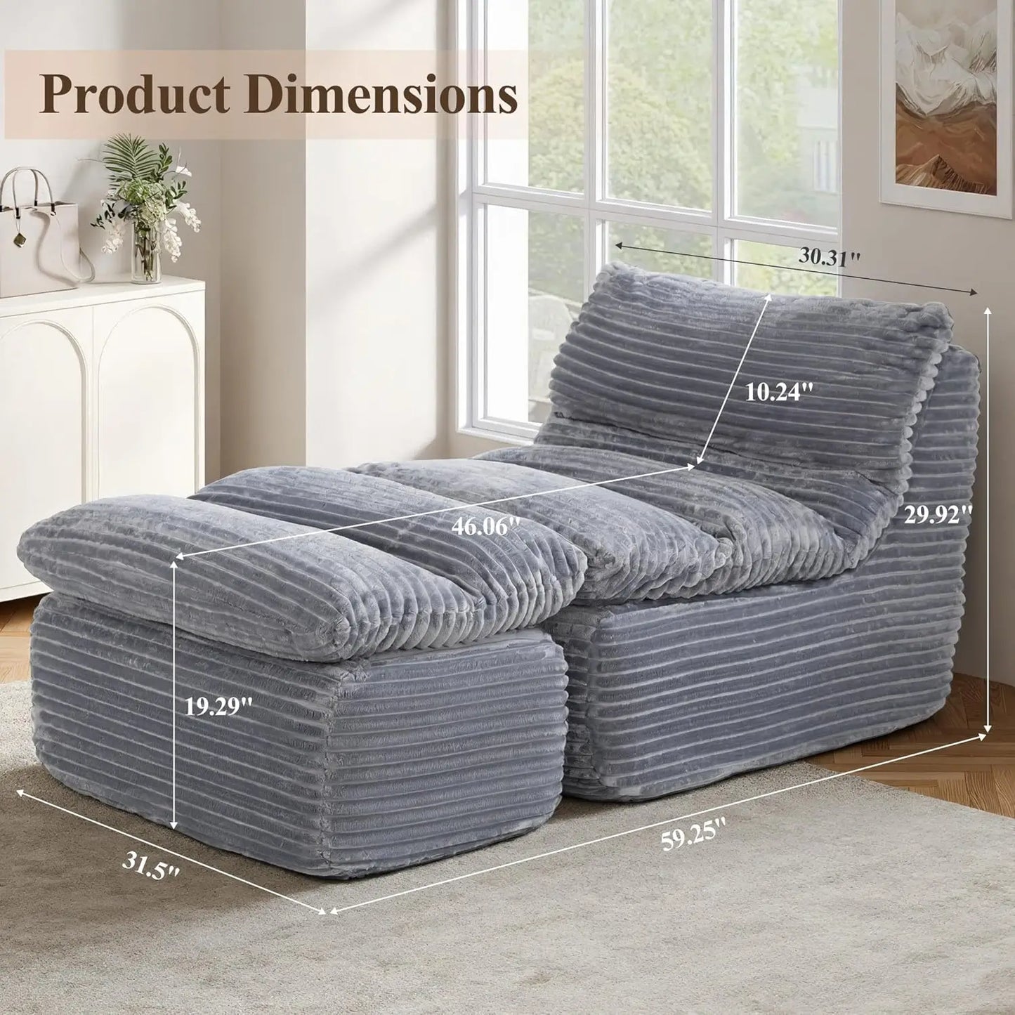 Boneless Chaise Lounge Chair Indoor, Adult Bean Bag Chair with Compressed Memory Foam, Comfy Back Support Sofa Bed, Customized