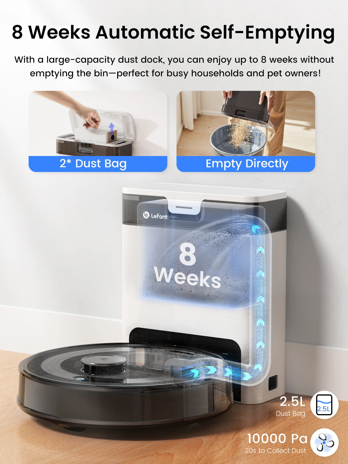 Lefant M2S Robot Vacuum Cleaner with Mapping, 10000Pa Suction, Automatic Dust Station,Laser Navigation, PSD Avoidance Technology - Merit Sell
