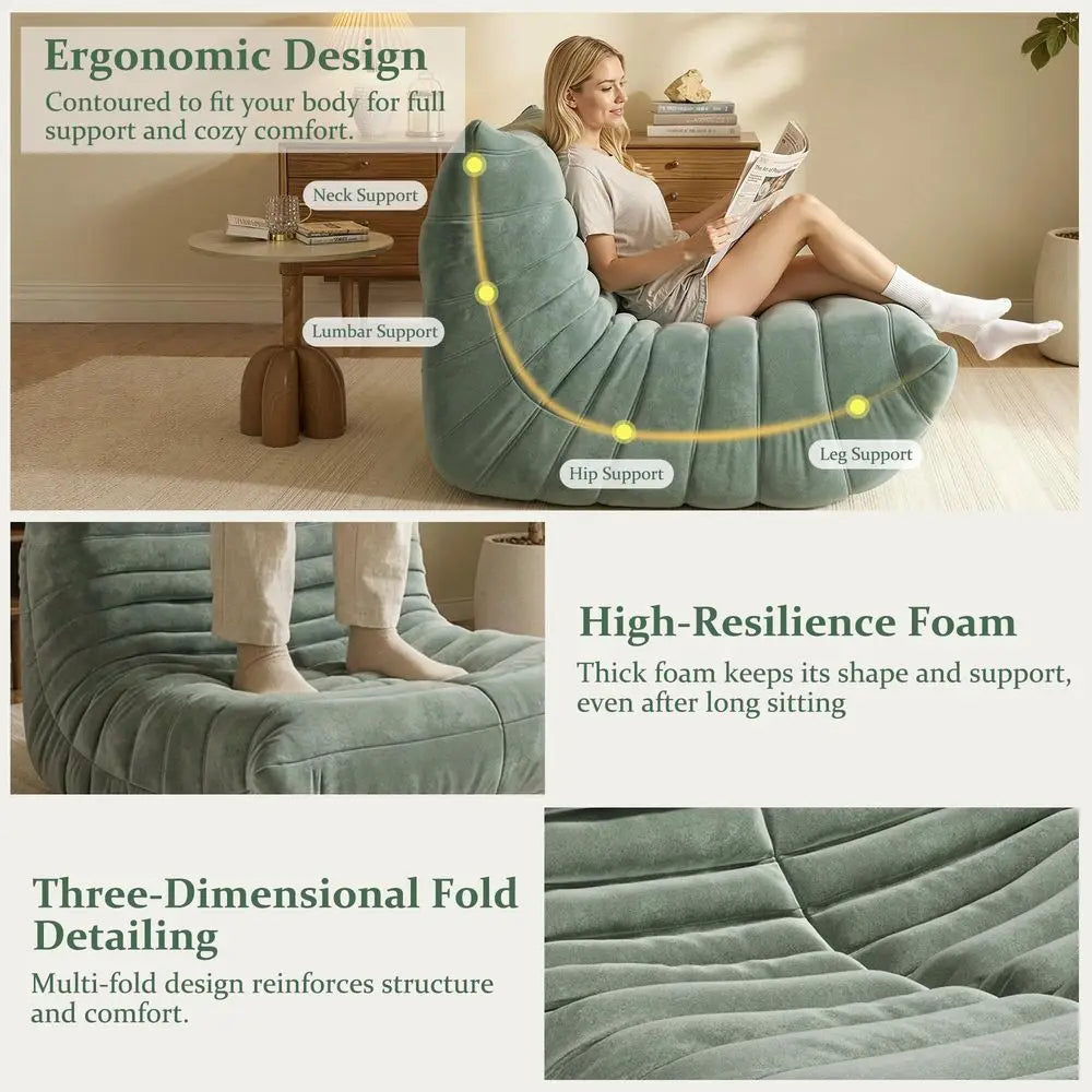 Bag Couch for Adults, Oversized Two People Bean Bag Chair with Foam Filler, Comfy Floor Sofa Loveseat with 2 Pillows, Lazy Pump