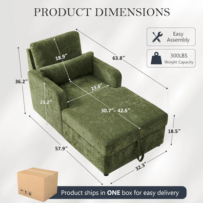 Chaise Lounge Chair Indoor with 2-Position Adjustable Backrest & Storage Space, Chenille Lounge Sofa Chair with 2, Customized