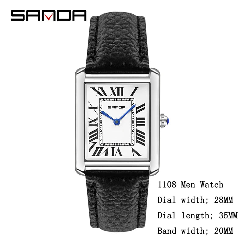 SANDA Men Women Rectangular Quartz Wrist Watches for Casual Ladies Stainless Watches Luxury Leather Lovers Gift Box Clock