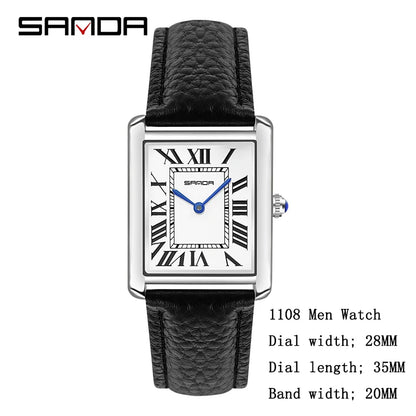 SANDA Men Women Rectangular Quartz Wrist Watches for Casual Ladies Stainless Watches Luxury Leather Lovers Gift Box Clock