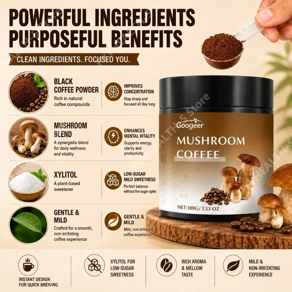 Googeer Black Coffee Powder Low-Sugar with Xylitol, Dietary Supplement for Daily Nutritional 100g Focus Support