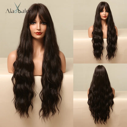 ALAN EATON Long Curly Wavy Synthetic Wigs for Women Brown to Blonde Ombre Hair Wig Ntural Middle Parted Party Wig Heat Resistant