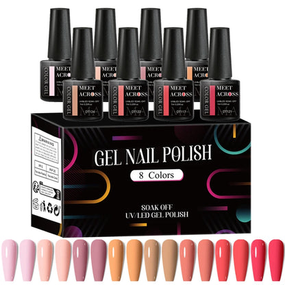 MEET ACROSS 8Pcs/Set Red Pink Gel Nail Polish Spring Colorful Laser Nail Art Gel Varnish Nail Supplies Manicure For Nails
