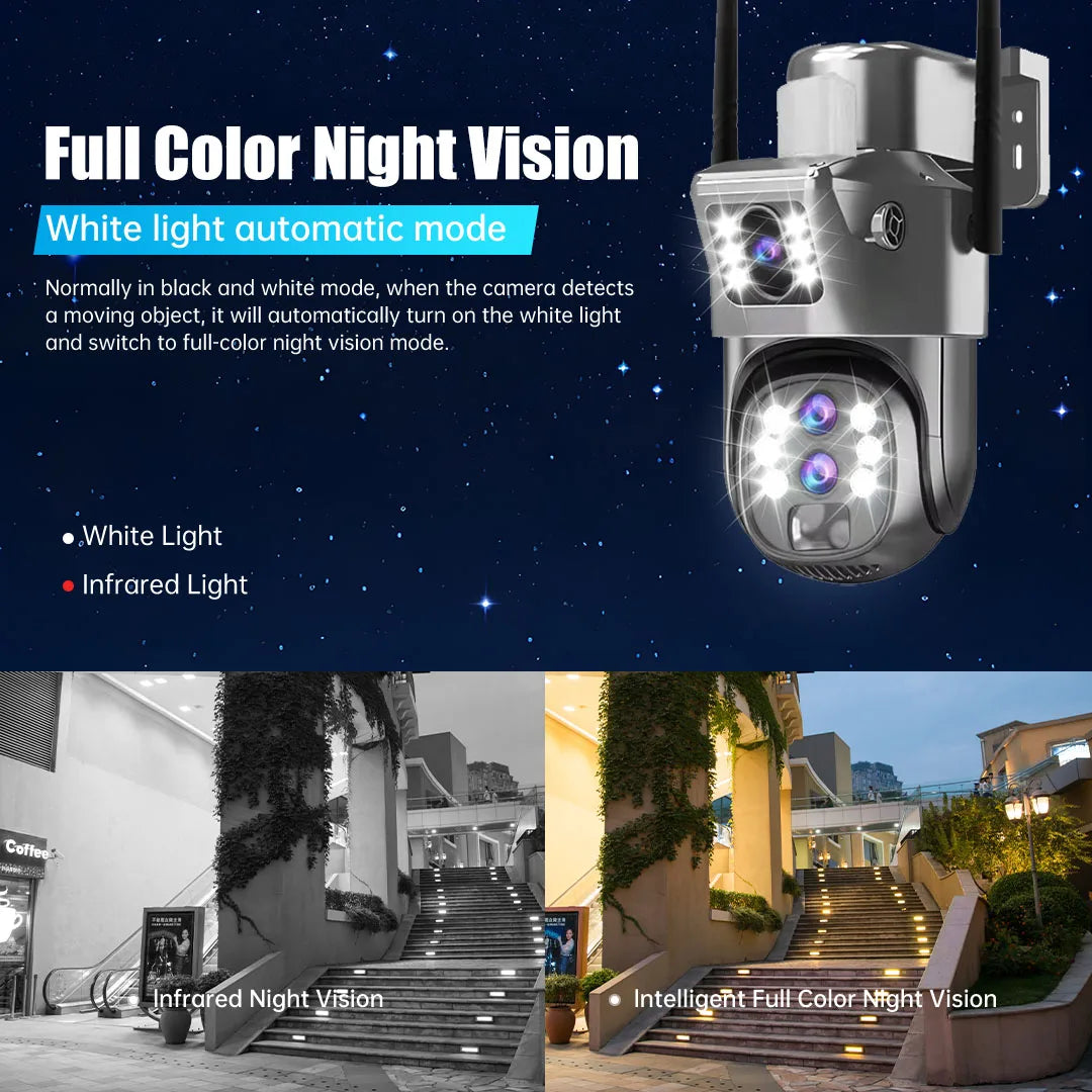 6K 10X Zoom WiFi Outdoor Solar Camera Three Lens 12MP HD Night Vision PTZ Surveillance PIR Auto Tracking Wireless Network Cam