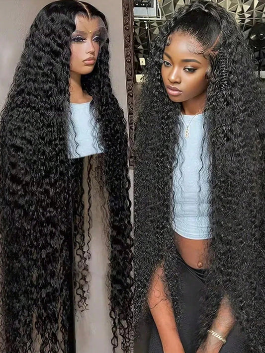 Deep Wave Glueless Wig Human Hair 40-Inch 13x6 Lace Front Wig 360 Full Lace Wigs For Women 250 Density Pre cut Kinky Curly Wigs