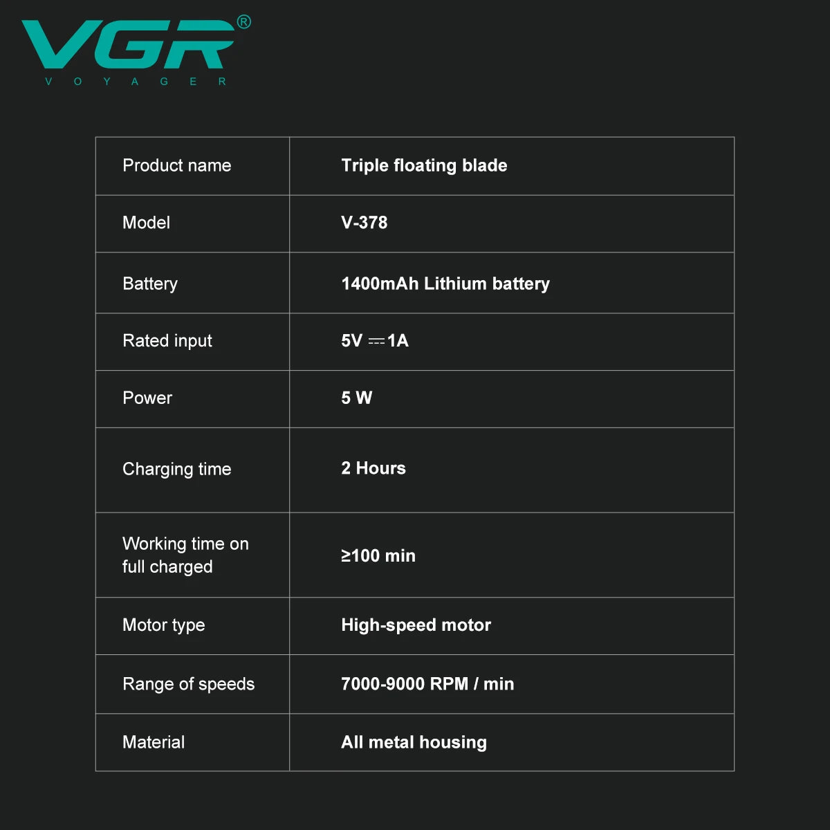 VGR Electric Shaver Professional Razors Reciprocating Foil Shaver Rechargeable Beard Trimmer Metal Shaving Machine for Men V-378
