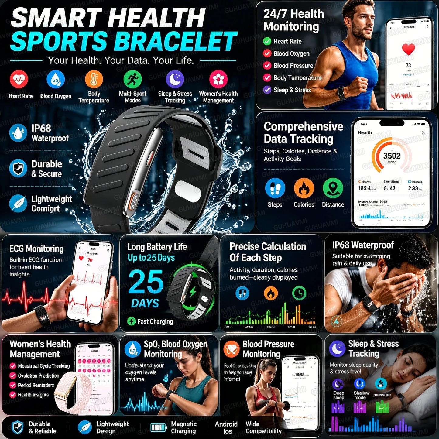 Smart Fitness Bracelet ECG HRV 24H Heart Rate SpO2 Monitor 120+Sports Modes Long Standby Health Tracking Wristband For Adults