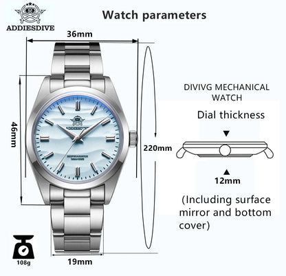ADDIESDIVE 36mm AD2030 Men's Watch Desert Dial 316L Stainless Steel Reloj Hombre 100m Waterproof Quartz Watches