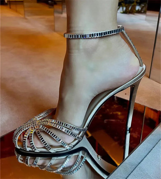 Designer Crystal Women Gladiator Sandals Ankle Strap High Heels Hollow Out Summer Dress Shoes Closed Toe Stiletto Ladies Pumps