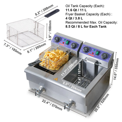 VEVOR  12L 5000W Electric Deep Fryer w/Dual Removable Tanks Commercial Countertop  Fryer for Chicken French Fries Frying Chips