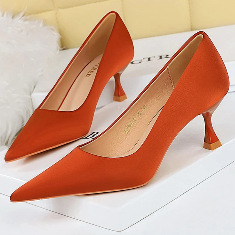 BIGTREE Shoes Kitten Heels 5.5 Cm Women Pumps Silks Satins Lady Heels Fashion Women Shoes Low Heel Female Shoes Large Size 43
