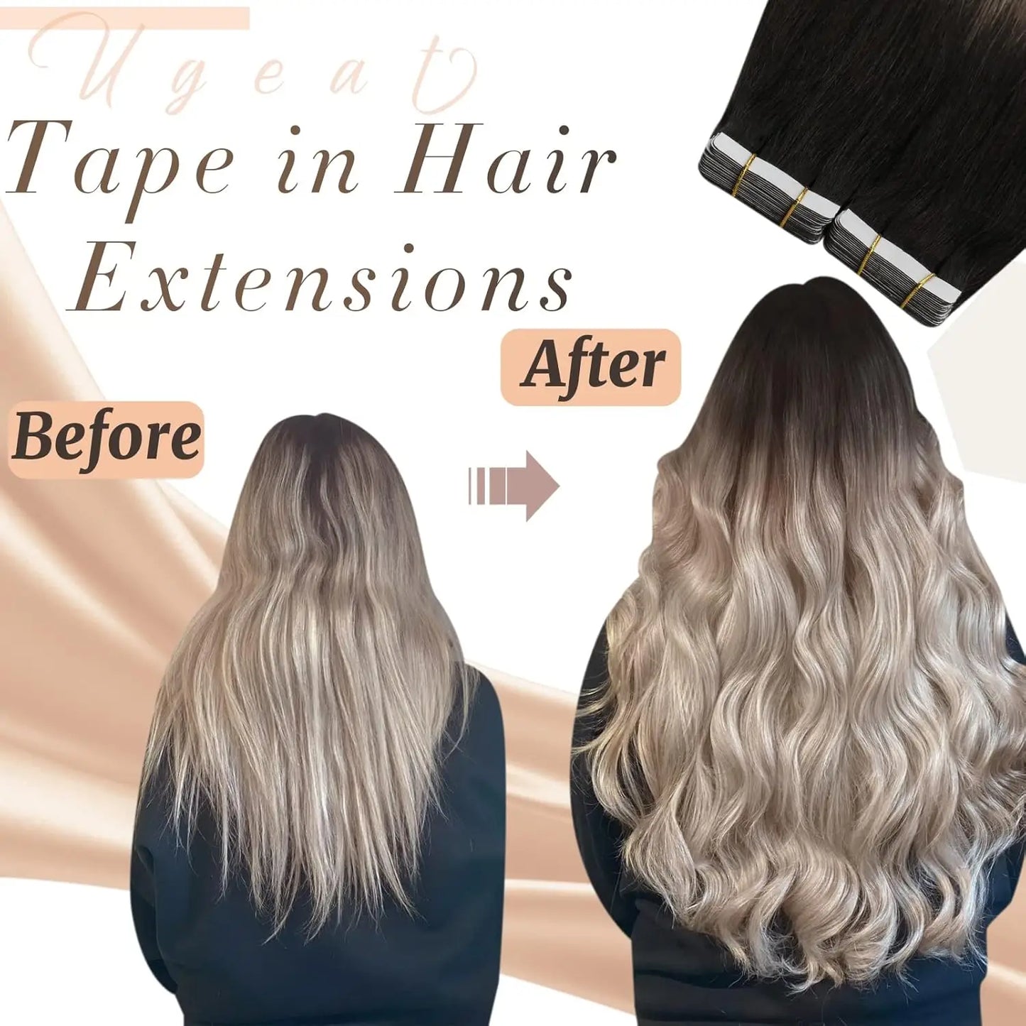 Ugeat Tape in Hair Extensions Balayage Natural Black to Ash Blonde Tape in Hair Extensions Platinum Blonde Tape in Hair for Wome
