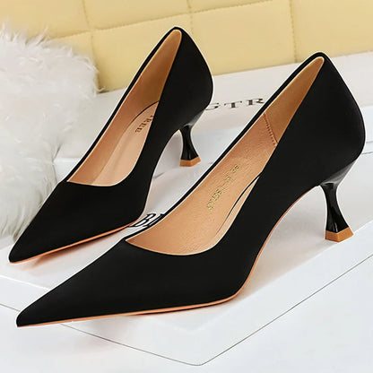 BIGTREE Shoes Kitten Heels 5.5 Cm Women Pumps Silks Satins Lady Heels Fashion Women Shoes Low Heel Female Shoes Large Size 43