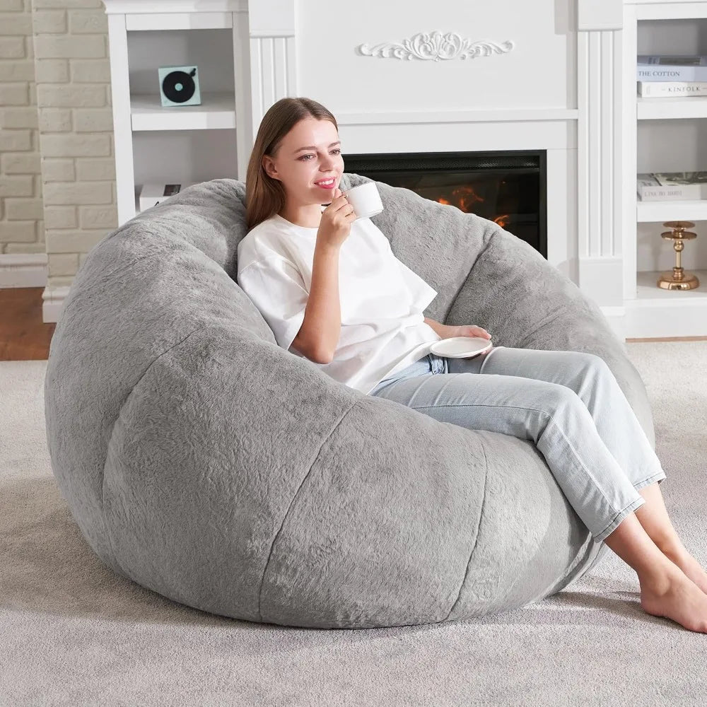 Large Bean Bag Chair for Adults, Donut-Shaped Couch with Memory Foam, Soft Faux Fur, Spacious Design for Reading & Relaxing, Grey