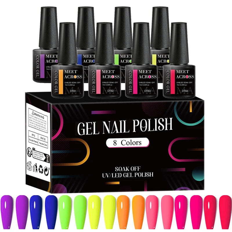 MEET ACROSS 8Pcs/Set Red Pink Gel Nail Polish Spring Colorful Laser Nail Art Gel Varnish Nail Supplies Manicure For Nails