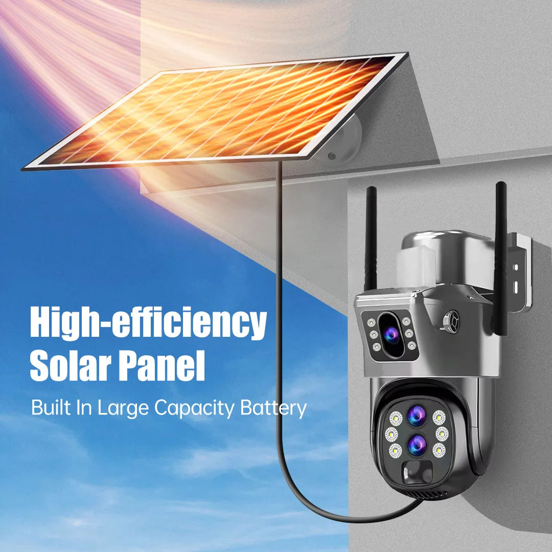 6K 10X Zoom WiFi Outdoor Solar Camera Three Lens 12MP HD Night Vision PTZ Surveillance PIR Auto Tracking Wireless Network Cam