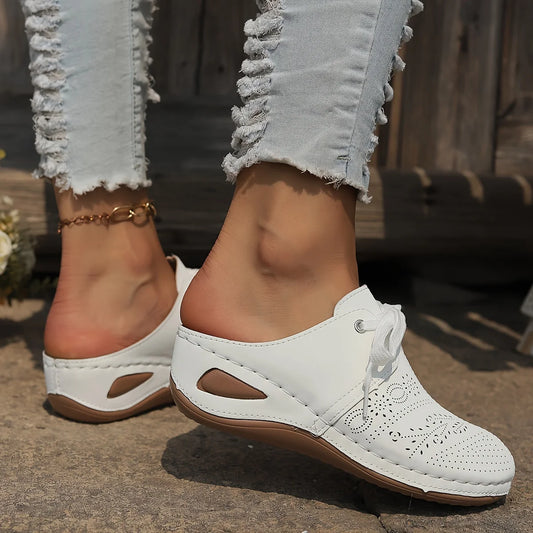 Stylish Womens Solid Color Wedge Heeled Sandals - Comfortable Slip-On Platform Shoes with Faux Leather Upper and Rubber Sole