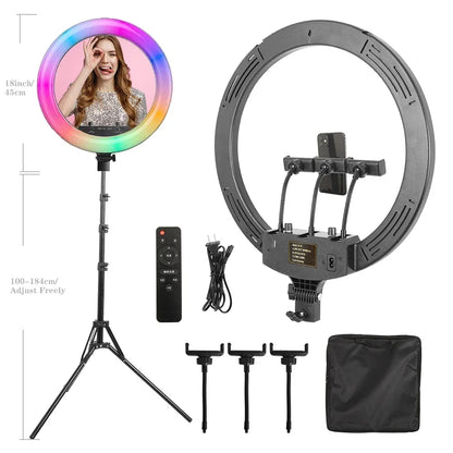 18 Inch 45cm Selfie RGB Ring Light with Tripod Usb Rechargeable LED Light, Dimmable, for Photo Studio