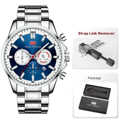 MINI FOCUS Chronograph Quartz Watch Men Silver Blue Waterproof Luminous Dress Wristwatch with Date Stainless Steel Strap 0469