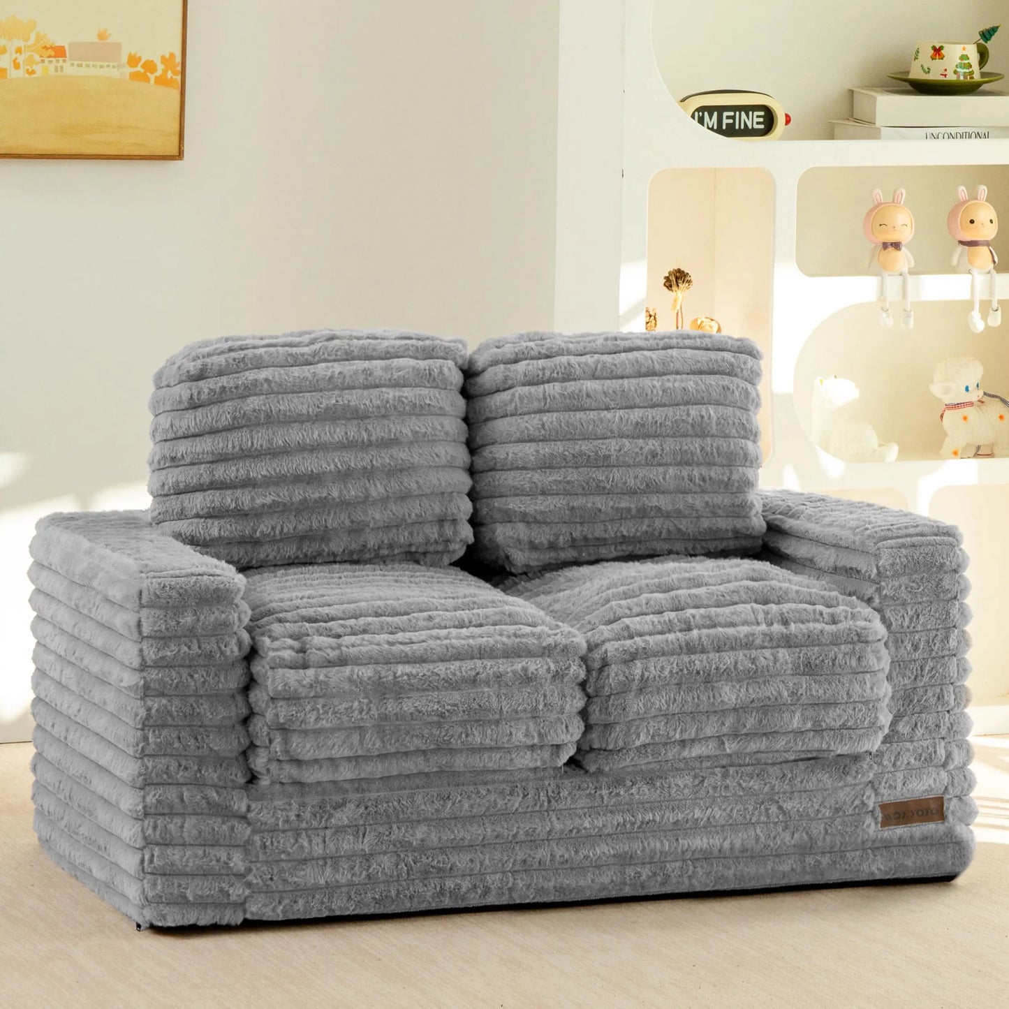 Kids Bean Bag Chair, Comfy Faux Fur Bean Bag Sofa with Filler, Upholstered Floor Sofa with Pillows and Armrests, Lazy Floor Chai