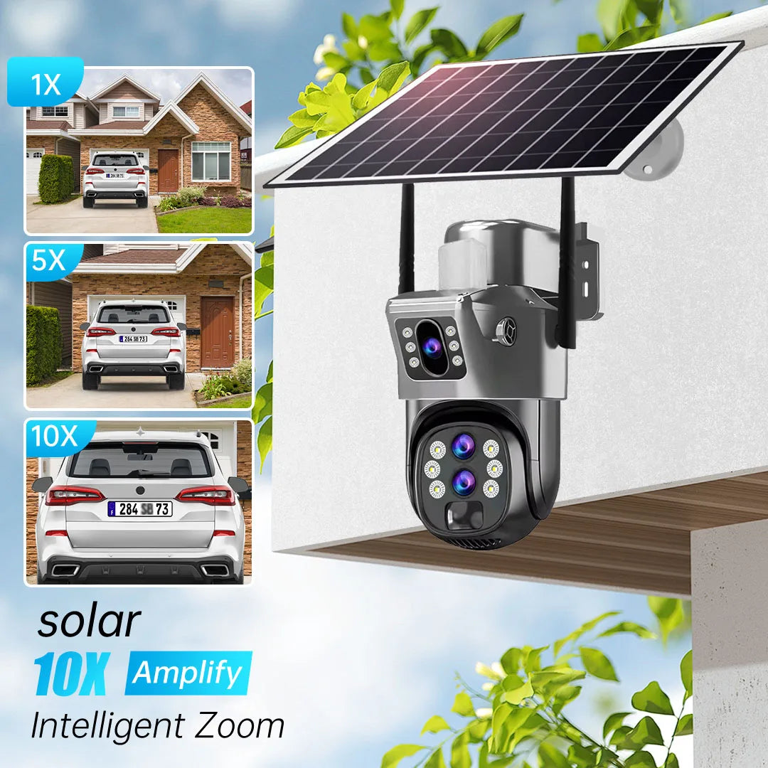 6K 10X Zoom WiFi Outdoor Solar Camera Three Lens 12MP HD Night Vision PTZ Surveillance PIR Auto Tracking Wireless Network Cam
