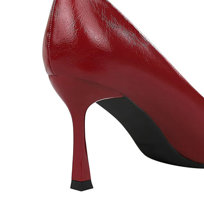 Women 8cm High Heels Stiletto Pumps Pointed Toe Wine Red Middle Heels Office Lady Metal Chain Leather Wedding Prom Replica Shoes