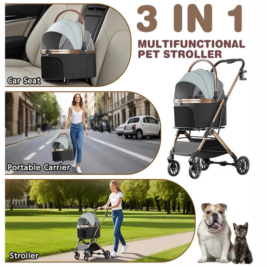Pet 3-in-1 Portable Foldable Pet Strollers with Detachable Bag Small Medium Dogs Cats Up to 45 lbs Carts Basket Can Be Separated Merit Sell