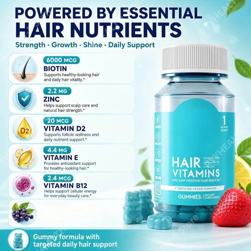 Biotin Hair Skin Nails Gummies 6000mcg, Vegan Daily Beauty Supplement with B12 Zinc Iodine MSM Inositol, 60 Count