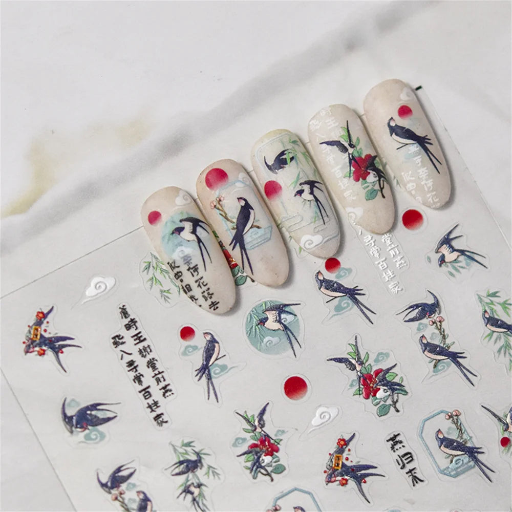 Nail Stickers Women Chinese Style Kite Swallow Bird 5D Decorations Slider Self Adhesive Nail Art Ornament Decals Sccessories DIY