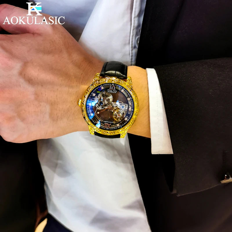 AOKULASIC Luxury Leather Men Automatic Machinery Watch Retro Dial Design Double-Sided Hollow Out Tourbillon Waterproof Men Watch