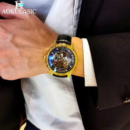 AOKULASIC Luxury Leather Men Automatic Machinery Watch Retro Dial Design Double-Sided Hollow Out Tourbillon Waterproof Men Watch
