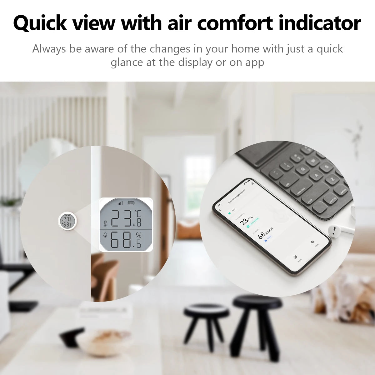 IMOU temperature humidity sensor wall-mounted in home, compact smart home security device