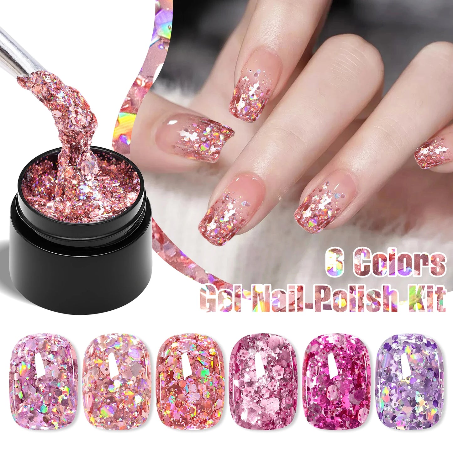7pcs/set 8ml Sequins Gel Nail Polish Set Vibrant Pink Color Glitter Semi Permanent Soak Off UV LED Nail Art Varnish For Manicure