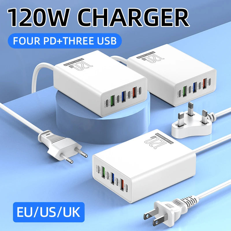 120W Charging Head 7 Ports 3USB+4PD Fast Charging Phone Charger Head 5V4A US/EU/UK Standard Charger for Mobile Phones