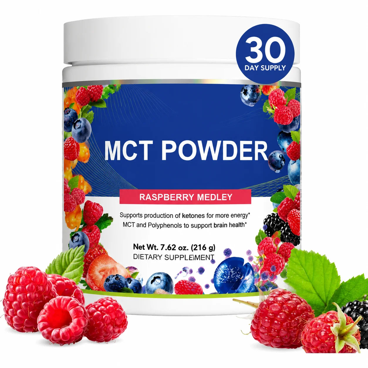 MCT Powder Raspberry Medley Drink Mix, D-Ribose 5000mg, Acetyl-L-Carnitine 500mg, Polyphenol Blend 300mg, 30 Servings 216g