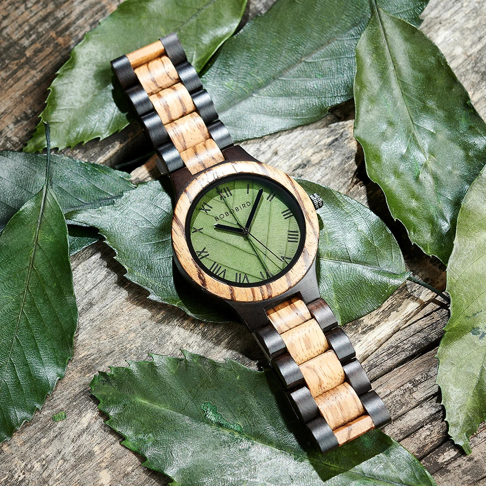 BOBO BIRD Men's Wood Watch with Genuine Leaf, Original Wooden Clock, Customized Watch, Handmade Watch, Anniversary Gift for Man