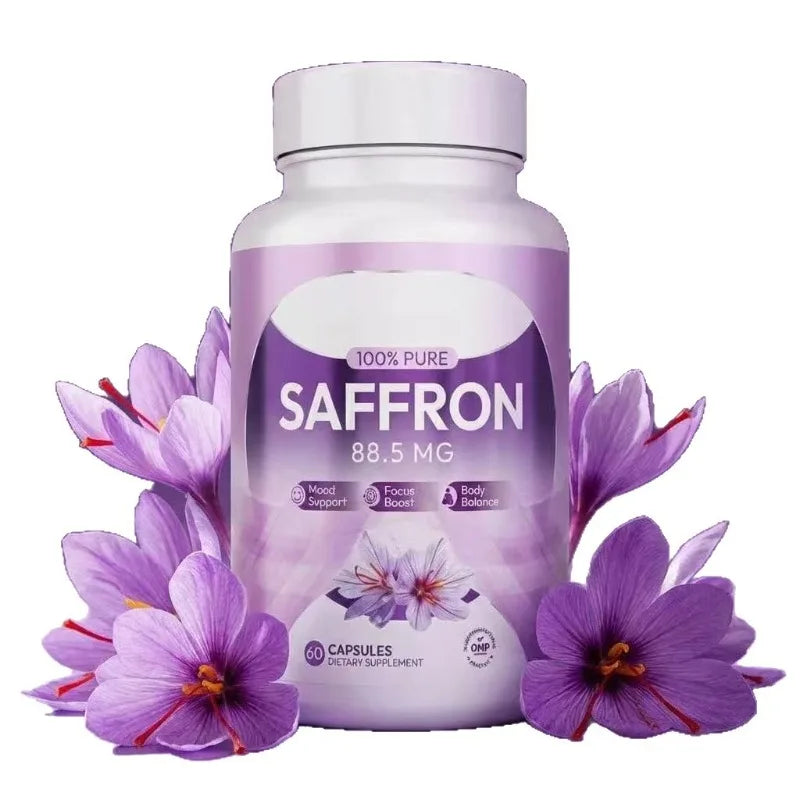 100% Saffron Capsules 88.5mg Crocus Sativus L Flower Extract with Crocin Safranal Natural Plant Extract Daily Health Supplement