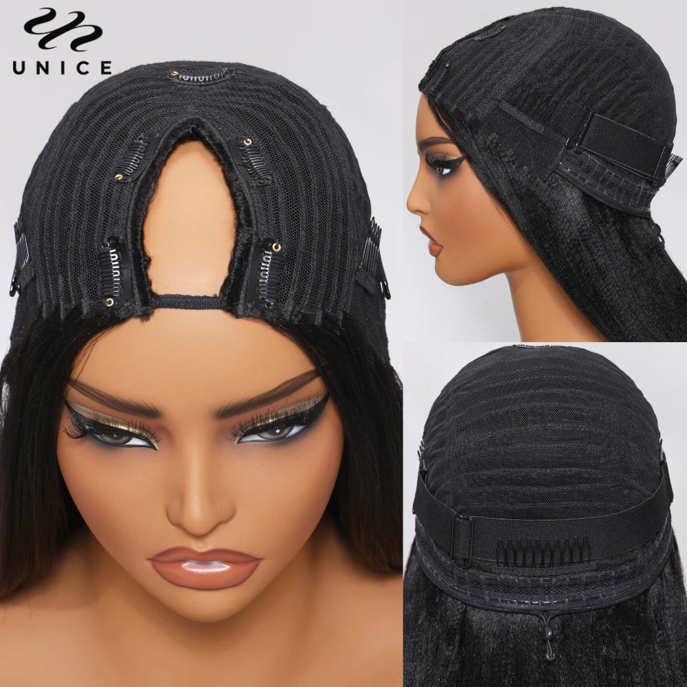 UNice Chestnut Brown Yaki V Part Wig 100% Human Hair Wigs With Drawstring Beginner Friendly Glueless Wig 150% Density