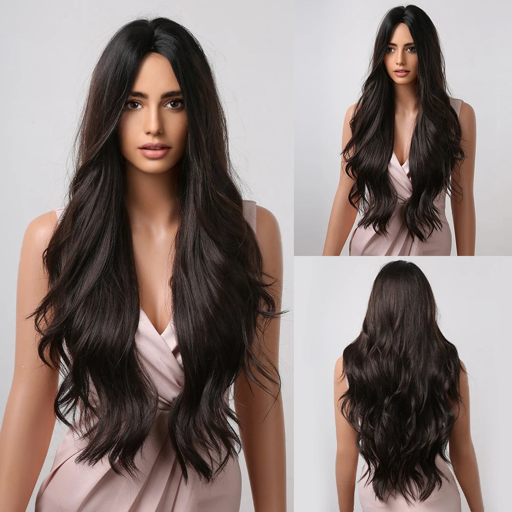 ALAN EATON Long Curly Wavy Synthetic Wigs for Women Brown to Blonde Ombre Hair Wig Ntural Middle Parted Party Wig Heat Resistant
